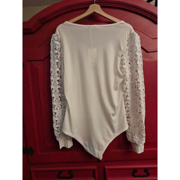 NWT Grace Karin 2XL White Daisy Lace Sheer Sleeves Bodysuit Snap Crotch Giftable - Picture 2 of 5